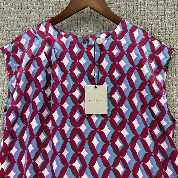 Marella Pure Silk Blouse Womens  Size 2 Multicolor Sleeveless Geometric Pattern - Picture 3 of 12